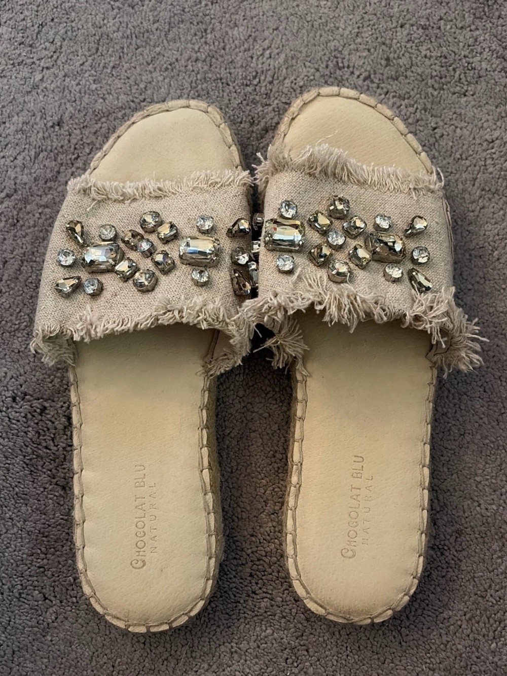 Chocolat Blu Natural Beige Jeweled Slide Sandals